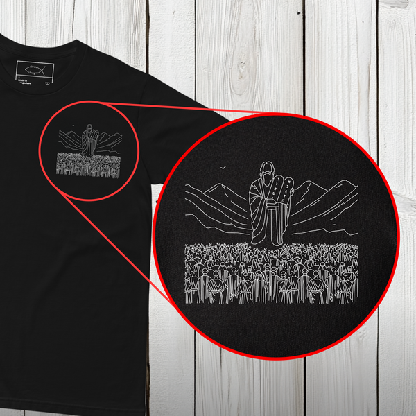 Two stone tablets with hand-cut Roman numerals printed on a heavyweight cotton tee.