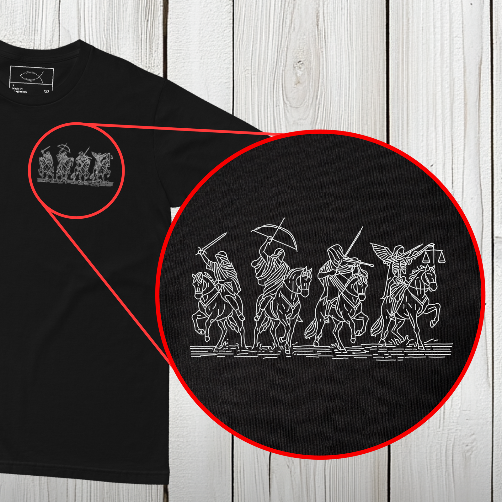 The Four Horsemen of the Apocalypse rendered as a horizontal procession on a heavyweight cotton tee.
