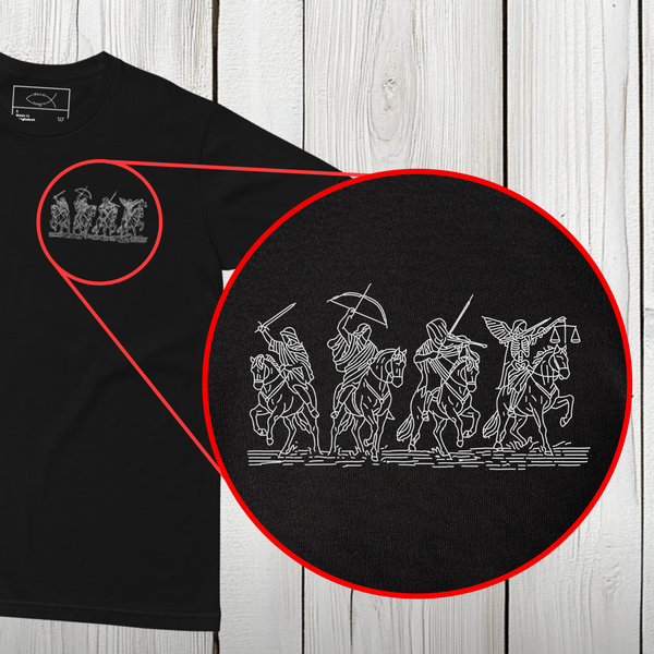 The Four Horsemen of the Apocalypse rendered as a horizontal procession on a heavyweight cotton tee.