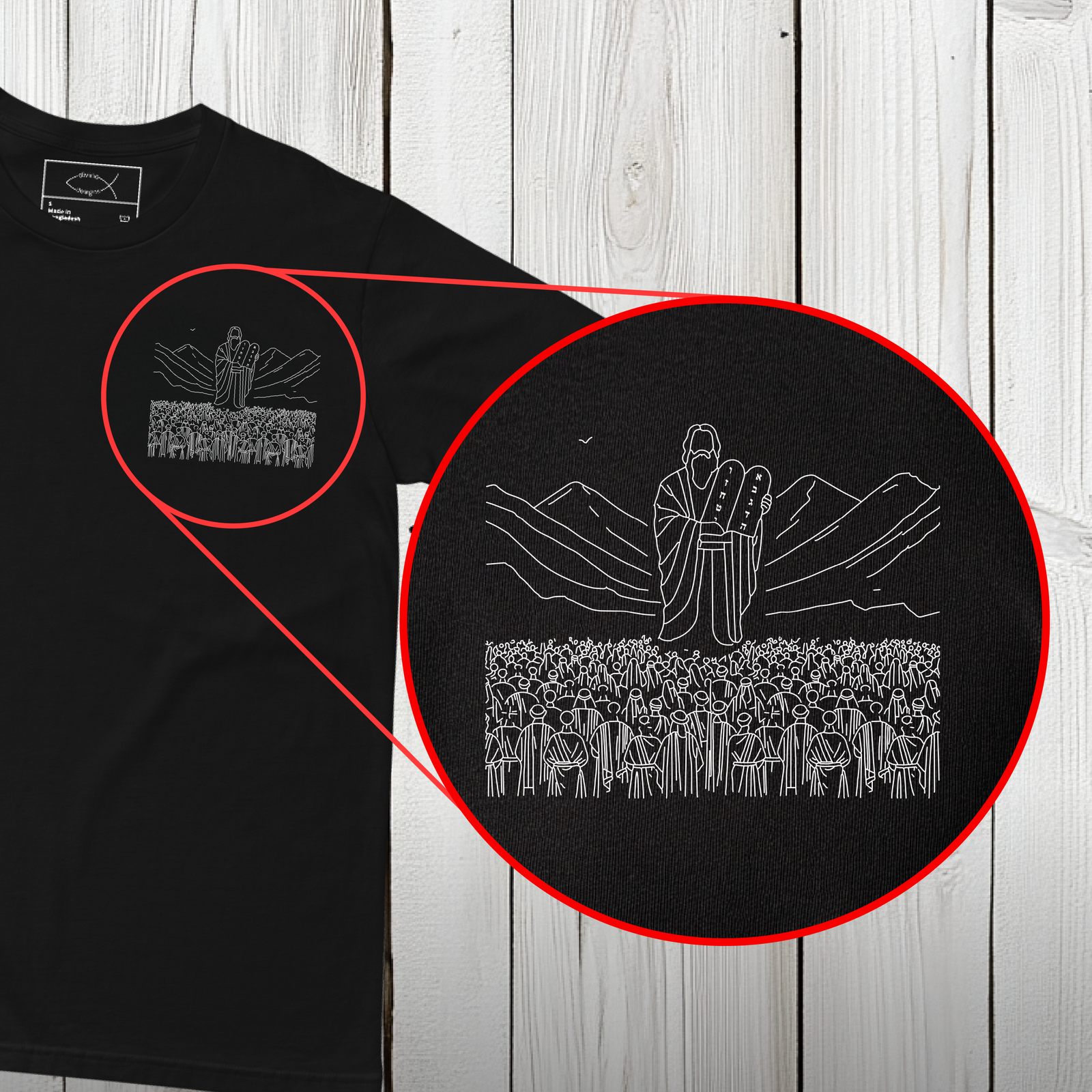 Two stone tablets with hand-cut Roman numerals printed on a heavyweight cotton tee.