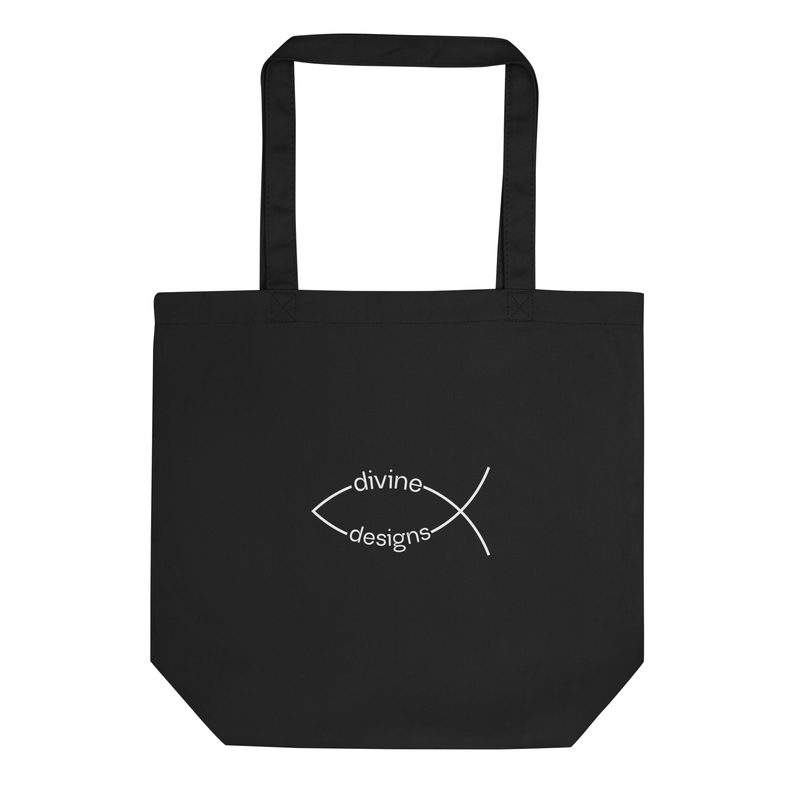 Divine Designs Tote Bag in Black, front packshot, detail study