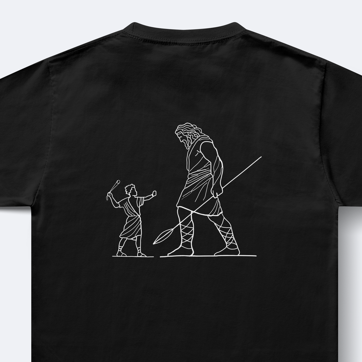 Black t-shirt with white line art design on a light gray background back-print artwork
