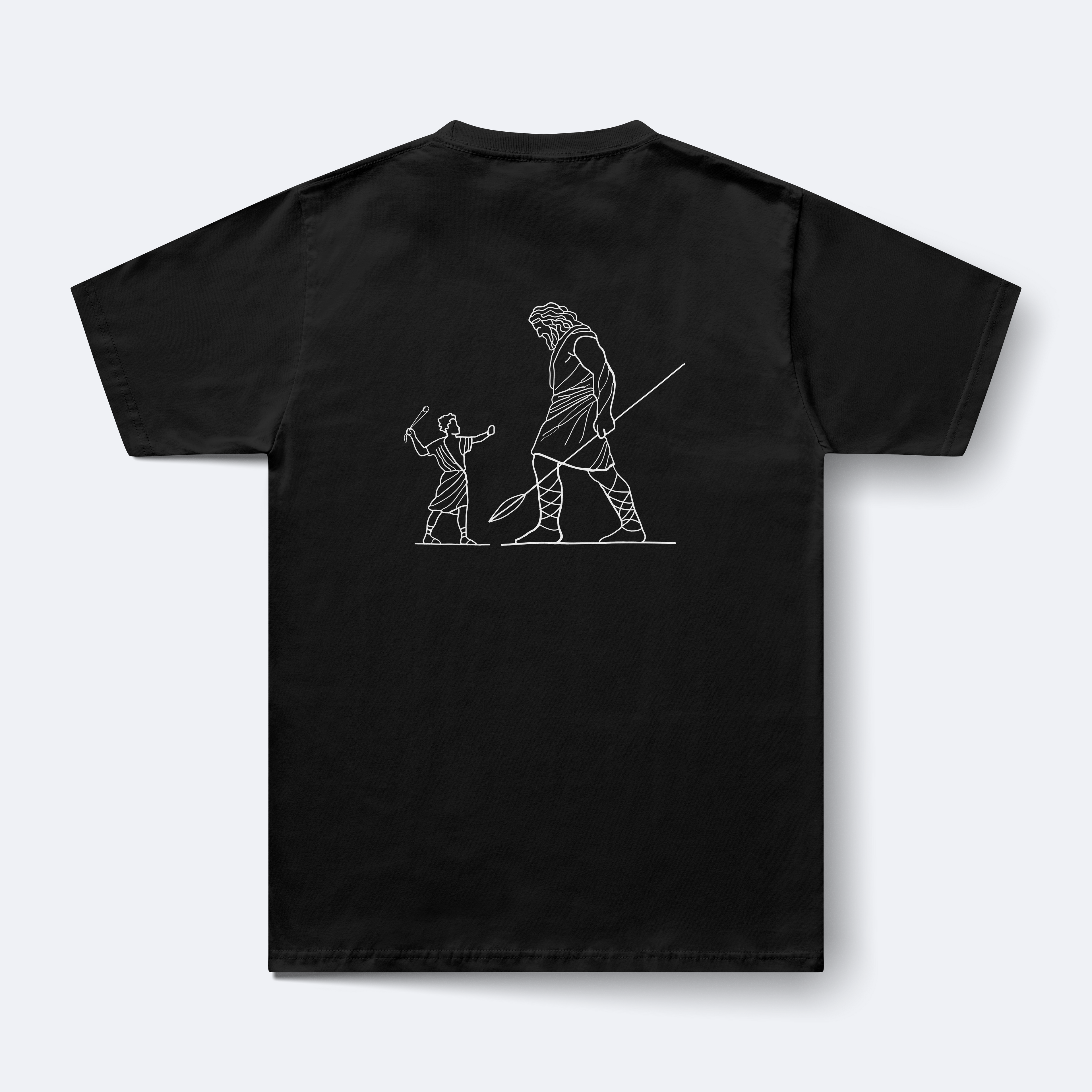 Black t-shirt with white line art design on a light gray background