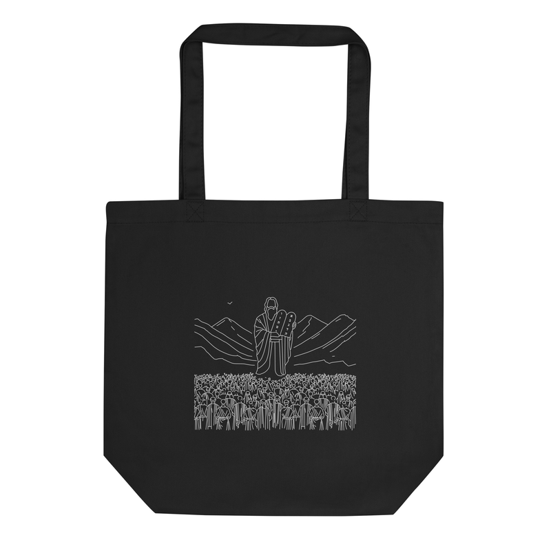 Moses and The 10 Commandments Tote Bag in Black, front packshot, detail study